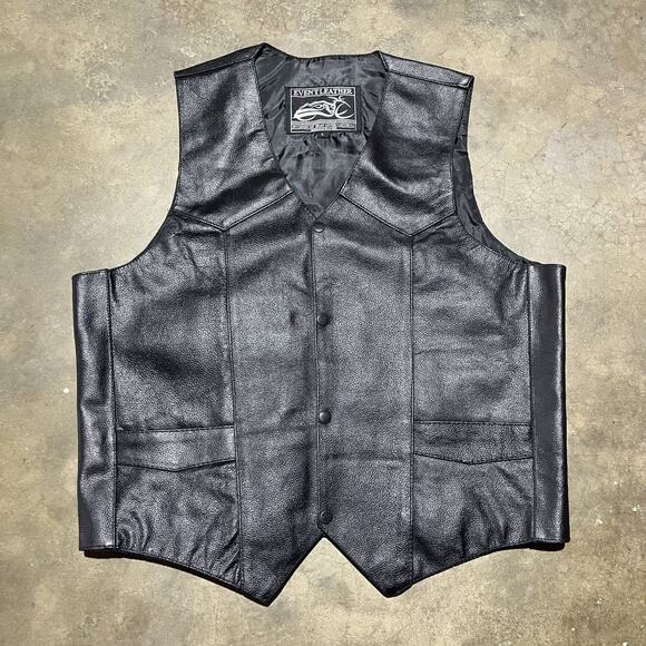 Vintage 90s Event Leather Black Leather Snap Vest - Picture 1 of 3